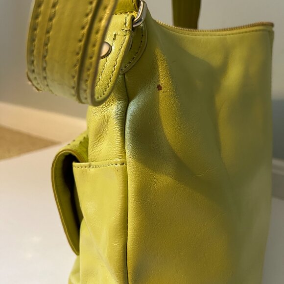 Elliott Lucca Citron Leather Satchel Bag Woven Accents Gold Hardware Zip/Toggles - Picture 5 of 12